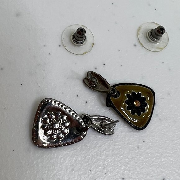 Earrings Floral‎ Charm Green Brown Rhinestone Enamel Stud Dangle Black Used, see - Picture 4 of 6